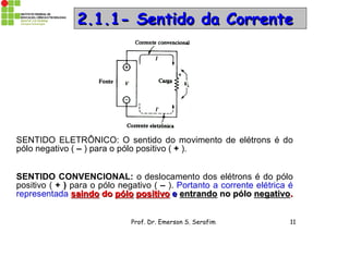 Prof. Dr. Emerson S. Serafim 11
2.1.1- Sentido da Corrente2.1.1- Sentido da Corrente
SENTIDO ELETRÔNICO: O sentido do movimento de elétrons é do
pólo negativo ( – ) para o pólo positivo ( + ).
SENTIDO CONVENCIONAL: o deslocamento dos elétrons é do pólo
positivo ( + ) para o pólo negativo ( – ). Portanto a corrente elétrica é
representada saindosaindo dodo pólopólo positivopositivo ee entrandoentrando nono pólopólo negativonegativo..
 
