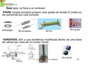 Prof. Dr. Emerson S. Serafim 20
DoisDois tipos: os fixos e os variáveis:
-FIXOS: função principal produzir uma queda de tensão E (volts) ao
ser percorrido por uma corrente.
-VARIÁVEIS: têm a sua resistência modificada dentro de uma faixa
de valores por meio de um cursor móvel.
De porcelana. De Fio.
De carvão.Simbologia
De fio.
De carvão
 