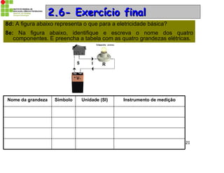 Prof. Dr. Emerson S. Serafim 21
2.6- Exercício final2.6- Exercício final
8d: A figura abaixo representa o que para a eletricidade básica?
8e: Na figura abaixo, identifique e escreva o nome dos quatro
componentes. E preencha a tabela com as quatro grandezas elétricas.
Instrumento de mediçãoUnidade (SI)SímboloNome da grandeza
 