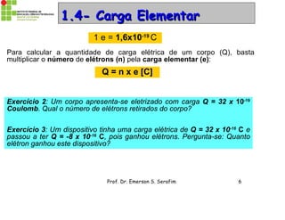 Prof. Dr. Emerson S. Serafim 6
1.4- Carga Elementar1.4- Carga Elementar
1 e = 1,6x10-19
C
Exercício 2: Um corpo apresenta-se eletrizado com carga Q = 32 x 10-19
Coulomb. Qual o número de elétrons retirados do corpo?
Exercício 3: Um dispositivo tinha uma carga elétrica de Q = 32 x 10-16
C e
passou a ter Q = -8 x 10-16 C, pois ganhou elétrons. Pergunta-se: Quanto
elétron ganhou este dispositivo?
Para calcular a quantidade de carga elétrica de um corpo (Q), basta
multiplicar o número de elétrons (n) pela carga elementar (e):
Q = n x e [C]Q = n x e [C]
 