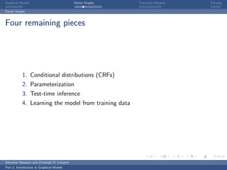 Graphical Models                             Factor Graphs   Test-time Inference   Training

Factor Graphs



Four remaining pieces




           1. Conditional distributions (CRFs)
           2. Parameterization
           3. Test-time inference
           4. Learning the model from training data




Sebastian Nowozin and Christoph H. Lampert
Part 2: Introduction to Graphical Models
 