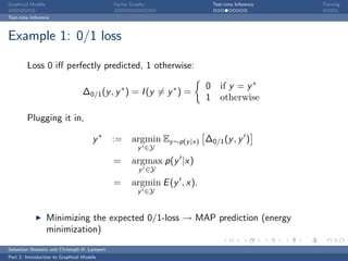 Graphical Models                             Factor Graphs                  Test-time Inference   Training

Test-time Inference



Example 1: 0/1 loss

        Loss 0 iﬀ perfectly predicted, 1 otherwise:

                                                                        0      if y = y ∗
                                  ∆0/1 (y , y ∗ ) = I (y = y ∗ ) =
                                                                        1      otherwise

        Plugging it in,

                                      y∗     := argmin Ey ∼p(y |x) ∆0/1 (y , y )
                                                       y ∈Y

                                             =      argmax p(y |x)
                                                       y ∈Y

                                             =      argmin E (y , x).
                                                       y ∈Y



                   Minimizing the expected 0/1-loss → MAP prediction (energy
                   minimization)
Sebastian Nowozin and Christoph H. Lampert
Part 2: Introduction to Graphical Models
 