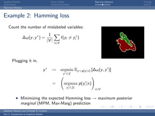 Graphical Models                                Factor Graphs                 Test-time Inference   Training

Test-time Inference



Example 2: Hamming loss
     Count the number of mislabeled variables:
                                             1
                      ∆H (y , y ∗ ) =                    I (yi = yi∗ )
                                            |V |
                                                   i∈V




        Plugging it in,

                                           y∗   := argmin Ey ∼p(y |x) [∆H (y , y )]
                                                            y ∈Y


                                                 =          argmax p(yi |x)
                                                                yi ∈Yi
                                                                              i∈V


                   Minimizing the expected Hamming loss → maximum posterior
                   marginal (MPM, Max-Marg) prediction
Sebastian Nowozin and Christoph H. Lampert
Part 2: Introduction to Graphical Models
 