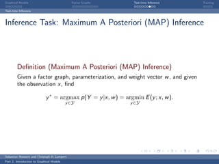 Graphical Models                             Factor Graphs      Test-time Inference   Training

Test-time Inference



Inference Task: Maximum A Posteriori (MAP) Inference




        Deﬁnition (Maximum A Posteriori (MAP) Inference)
        Given a factor graph, parameterization, and weight vector w , and given
        the observation x, ﬁnd

                             y ∗ = argmax p(Y = y |x, w ) = argmin E (y ; x, w ).
                                           y ∈Y                y ∈Y




Sebastian Nowozin and Christoph H. Lampert
Part 2: Introduction to Graphical Models
 