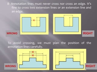 8- Annotation lines must never cross nor cross an edge. It’s
fine to cross two extension lines or an extension line and
an edge.
To avoid crossing, we must plan the position of the
annotation lines carefully.
 