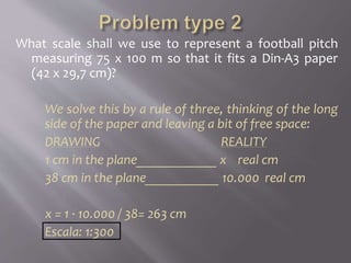 What scale shall we use to represent a football pitch
measuring 75 x 100 m so that it fits a Din-A3 paper
(42 x 29,7 cm)?
We solve this by a rule of three, thinking of the long
side of the paper and leaving a bit of free space:
DRAWING REALITY
1 cm in the plane____________ x real cm
38 cm in the plane___________ 10.000 real cm
x = 1 · 10.000 / 38= 263 cm
Escala: 1:300
 