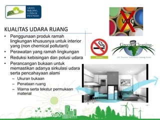 EFISIENSI ENERGIPenggunaan peralatan yang hematenergi, sepertilampu dan alatelektriklainnyaPenggunaan sub-metering sebagaipemantauanpenggunaanlistrikMeminimalkanpenggunaanlistrikmelaluipencahayaan dan penghawaanalamiMenggunakansumberenergialternatif yang terbaharukan