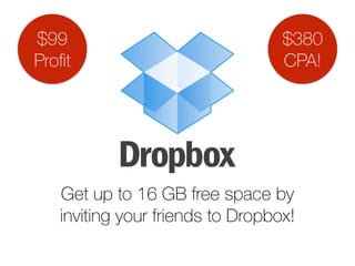 Get up to 16 GB free space by 
inviting your friends to Dropbox!
$380
CPA!
$99 
Proﬁt
 