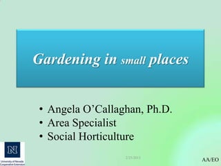 Gardening in small places


 • Angela O‟Callaghan, Ph.D.
 • Area Specialist
 • Social Horticulture
                  2/25/2013     1
                               AA/EO
 