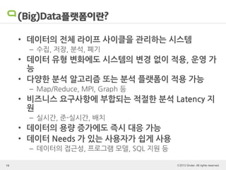© 2013 Gruter. All rights reserved.
(Big)Data플랫폼이란?
• 데이터의 전체 라이프 사이클을 관리하는 시스템
– 수집, 저장, 분석, 폐기
• 데이터 유형 변화에도 시스템의 변경 없이 적용, 운영 가
능
• 다양한 분석 알고리즘 또는 분석 플랫폼이 적용 가능
– Map/Reduce, MPI, Graph 등
• 비즈니스 요구사항에 부합되는 적절한 분석 Latency 지
원
– 실시간, 준-실시간, 배치
• 데이터의 용량 증가에도 즉시 대응 가능
• 데이터 Needs 가 있는 사용자가 쉽게 사용
– 데이터의 접근성, 프로그램 모델, SQL 지원 등
15
 