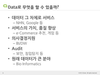 © 2013 Gruter. All rights reserved.
Data로 무엇을 할 수 있을까?
• 데이터 그 차체로 서비스
– NHN, Google 등
• 서비스의 가치, 품질 향상
– e-Commerce 추천, 게임 등
• 의사결정지원
– BI/DW
• Audit
– 보안, 침입탐지 등
• 원래 데이터가 큰 분야
– Bio Informatics
5
 