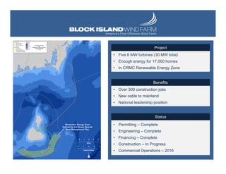 • Five 6 MW turbines (30 MW total)
• Enough energy for 17,000 homes
• In CRMC Renewable Energy Zone
• Permitting – Complete
• Engineering – Complete
• Financing – Complete
• Construction – In Progress
• Commercial Operations – 2016
• Over 300 construction jobs
• New cable to mainland
• National leadership position
Project
Benefits
Status
 
