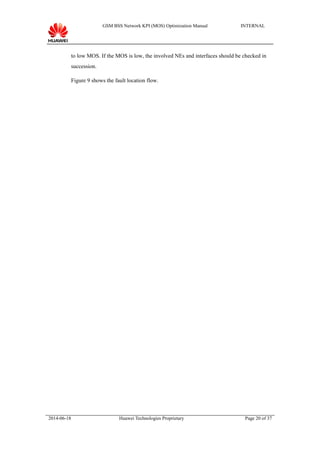 GSM BSS Network KPI (MOS) Optimization Manual INTERNAL
to low MOS. If the MOS is low, the involved NEs and interfaces should be checked in
succession.
Figure 9 shows the fault location flow.
2014-06-18 Huawei Technologies Proprietary Page 20 of 37
 