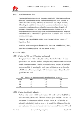 GSM BSS Network KPI (MOS) Optimization Manual INTERNAL
3.2.4 Abis Transmission Check
The networks built by Huawei cover many parts of the world. The development levels
of the basic communication and data communication vary from region to region. In
addition, the cost of investing and leasing the transmission lines is high. Therefore,
different regions use different transmission types: microwave transmission, circuit
transmission, optical transmission, and satellite transmission. Here, the quality of
microwave transmission is very prone to weather conditions. Different BERs of
different transmission types definitely lead to different transmission quality. Therefore,
different networks of different mobile operators should be compared on the basis of the
same transmission type.
The alarms to be checked include Broken LAPD Link and Excessive Loss of E1/T1
Signals in an Hour.
In addition, the Monitoring the Port BER function of the BSC and BER tester (E7580A)
can be used to check whether the Abis interface has bit errors.
3.2.5 BSC Check
3.2.5.1 Whether the TFO and EC Functions Are Enabled
During a call from an MS to another, if the calling MS and called MS use the same
speech service type, the times of speech coding/decoding can be reduced by one through
in-band signaling negotiation. Thus, the speech quality can be improved. When the EC
function is enabled, the speech quality can be improved if the echo occurs during the
call. If there is no bit error, enabling the TFO function can improve the speech quality
by more than 0.25 score.
Table 1 Impact of TFO on the improvement of speech quality (GSM Rec. 06.85)
DMOS EP0 EP1 EP2
HR .85 .68 .39
FR .53 .53 .35
EFR .32 .46 .19
3.2.5.2 Whether Local Switch Is Enabled
The local switch consists of BSC local switch and BTS local switch. For the BSC local
switch, the calling MS and called MS should be served by the same BSC. Thus, the Ater
interface and local transmission resources are saved. For the BTS local switch, the
calling MS and called MS should be served by the same BTS or BTS group. Thus, the
Ater interface and Abis interface transmission resources are saved. When the BSC local
2014-06-18 Huawei Technologies Proprietary Page 27 of 37
 