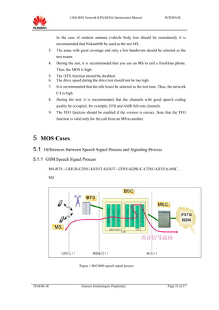 GSM BSS Network KPI (MOS) Optimization Manual INTERNAL
In the case of outdoor antenna (vehicle body loss should be considered), it is
recommended that Nokia6680 be used as the test MS.
3. The areas with good coverage and only a few handovers should be selected as the
test routes.
4. During the test, it is recommended that you use an MS to call a fixed-line phone.
Thus, the MOS is high.
5. The DTX function should be disabled.
6. The drive speed during the drive test should not be too high.
7. It is recommended that the idle hours be selected as the test time. Thus, the network
C/I is high.
8. During the test, it is recommended that the channels with good speech coding
quality be occupied, for example, EFR and AMR full-rate channels.
9. The TFO function should be enabled if the version is correct. Note that the TFO
function is valid only for the call from an MS to another.
5 MOS Cases
5.1 Differences Between Speech Signal Process and Signaling Process
5.1.1 GSM Speech Signal Process
MS-BTS - GEIUB-GTNU-GEIUT-GEIUT- GTNU-GDSUC-GTNU-GEIUA-MSC…
MS
Figure 1 BSC6000 speech signal process
2014-06-18 Huawei Technologies Proprietary Page 31 of 37
 