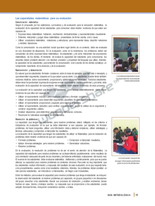 Las capacidades matemáticas para su evaluación
Comunicación matemática
Según lo propuesto por los estándares curriculares y de evaluación para la educación matemática, la
evaluación de la capacidad de los estudiantes para comunicar debe mostrar evidencia de que estos son
capaces de:
• Expresar ideas matemáticas hablando, escribiendo, demostrándolas y representándolas visualmente.
• Entender, interpretar y juzgar ideas matemáticas presentadas de forma escrita, oral o visual.
• Utilizar vocabulario matemático, notaciones y estructuras para representar ideas, describir relaciones
y modelar situaciones.
Como la comunicación es una actividad social que tiene lugar dentro de un contexto, debe ser evaluada
en una diversidad de situaciones. En la evaluación, como en la enseñanza, los profesores deben ser
conscientes de cómo expresan ideas matemáticas los estudiantes y de cómo interpretan las expresiones
matemáticas de los demás. Al momento de evaluar la capacidad del estudiante para comunicarse, los
docentes deben prestarle atención a la claridad, precisión y propiedad del lenguaje que utiliza. Además,
la capacidad de los estudiantes para entender la comunicación oral o escrita de los demás constituye un
componente importante de la docencia y de la evaluación.
Razonamiento y demostración
Es natural que los estudiantes formulen conjeturas sobre la base de ejemplos que han visto o manejado, y
que desarrollen argumentos basados en lo que saben que es cierto. Los estudiantes pueden tener también
nociones intuitivas sobre razonamiento proporcional y sobre relaciones espaciales. Todoslos estudiantes
deben tener la oportunidad expresa de ocuparse en este razonamiento intuitivo e informal y, por tanto, toda
evaluación de la capacidad de razonamiento del estudiante debe obtener evidencias de esos procesos.
La evaluación de la capacidad que tengan los estudiantes para razonar matemáticamente debe ofrecer
evidencia de que ellos son capaces de:
• Utilizar el razonamiento inductivo para reconocer patrones y formular conjeturas.
• Utilizar el razonamiento para desarrollar argumentos plausibles de enunciados matemáticos.
• Utilizar el razonamiento proporcional y espacial para resolver problemas.
• Utilizar el razonamiento deductivo para verificar una conclusión, juzgar la validez de un argumento y
construir argumentos válidos.
• Analizar situaciones para determinar propiedades y estructuras comunes.
• Reconocer la naturaleza axiomática de la Matemática.
Resolución de problemas
La capacidad que tengan los estudiantes para resolver problemas estará reflejada en los criterios e
indicadores de evaluación en la que se debe determinar si son capaces, por ejemplo, de formular
problemas, de hacer preguntas, utilizar una información dada y elaborar conjeturas, utilizar estrategias y
técnicas adecuadas y comprobar e interpretar los resultados.
La evaluación de la capacidad que tengan los estudiantes de utilizar la Matemática para la resolución de
problemas debe mostrar evidencia de que son capaces de:
• Formular problemas. • Comprobar e interpretar resultados.
• Aplicar diversas estrategias para resolver problemas. • Generalizar soluciones.
• Resolver problemas.
En la evaluación, la resolución de problemas ha de ser el centro de atención de la Matemática. La
capacidad del estudiante para resolver problemas se va desarrollando paulatinamente como resultado de
una orientación adecuada de parte de sus docentes y de haberse enfrentado a situaciones del mundo real.
El avance de los estudiantes debe evaluarse sistemática, deliberada y continuamente para que se pueda
afianzar su capacidad para resolver problemas en contextos diversos. Para esto es muy importante que
los estudiantes reciban información y respuesta del resultado de esta evaluación, en lo que respecta tanto
a los procedimientos usados como a los resultados obtenidos. Además, los problemas deben constituir un
reto para los estudiantes, ser instructivos e interesantes, sin llegar a ser irresolubles.
Entre los métodos para evaluar la capacidad para resolver problemas que tenga el estudiante se incluyen:
la observación del estudiante al resolver problemas por separado, en grupos pequeños o en discusiones
del grupo; escuchar a los estudiantes discutir sus procesos de resolución; y analizar exámenes, tareas
hechas en casa, diarios y trabajos escritos. La respuesta que se proporcione a los estudiantes puede
adoptar diversas formas, incluyendo comentarios escritos u orales.
Los estudiantesdebentener
la capacidad de comunicarse
matemáticamente.
La evaluación nospermite
recoger información pertinente
para la toma dedecisiones.
GUÍA METODOL ÓGICA 11
 
