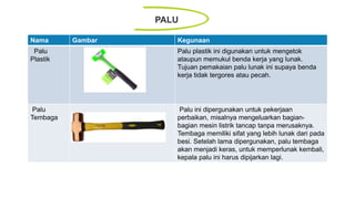 PALU
Nama Gambar Kegunaan
Palu
Plastik
Palu plastik ini digunakan untuk mengetok
ataupun memukul benda kerja yang lunak.
Tujuan pemakaian palu lunak ini supaya benda
kerja tidak tergores atau pecah.
Palu
Tembaga
Palu ini dipergunakan untuk pekerjaan
perbaikan, misalnya mengeluarkan bagian-
bagian mesin listrik tancap tanpa merusaknya.
Tembaga memiliki sifat yang lebih lunak dari pada
besi. Setelah lama dipergunakan, palu tembaga
akan menjadi keras, untuk memperlunak kembali,
kepala palu ini harus dipijarkan lagi.
 