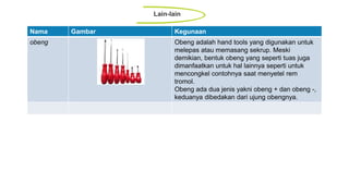 Lain-lain
Nama Gambar Kegunaan
obeng Obeng adalah hand tools yang digunakan untuk
melepas atau memasang sekrup. Meski
demikian, bentuk obeng yang seperti tuas juga
dimanfaatkan untuk hal lainnya seperti untuk
mencongkel contohnya saat menyetel rem
tromol.
Obeng ada dua jenis yakni obeng + dan obeng -,
keduanya dibedakan dari ujung obengnya.
 