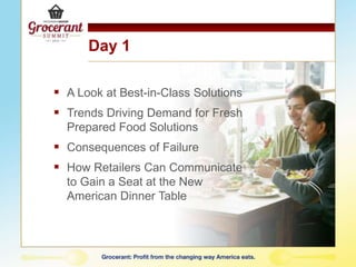 Day 1
 A Look at Best-in-Class Solutions
 Trends Driving Demand for Fresh
Prepared Food Solutions
 Consequences of Failure
 How Retailers Can Communicate
to Gain a Seat at the New
American Dinner Table
 