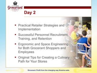Day 2
 Practical Retailer Strategies and
Implementation
 Successful Personnel Recruitment,
Training, and Retention
 Ergonomic and Space Engineering
for Both Grocerant Shoppers and
Employees
 Original Tips for Creating a Culinary
Path for Your Stores
 