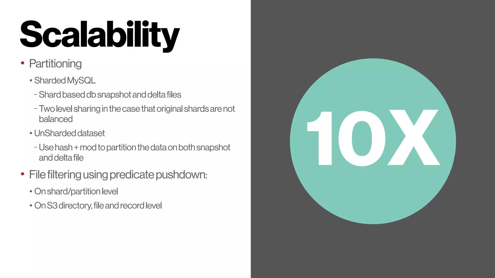 Scalability
• Partitioning
• ShardedMySQL
- Shardbaseddbsnapshotanddeltafiles
- Twolevelsharinginthecasethatoriginalshardsarenot
balanced
• UnShardeddataset
- Usehash+modtopartitionthedataonbothsnapshot
anddeltafile
• Filefilteringusingpredicatepushdown:
• Onshard/partitionlevel
• OnS3directory,fileandrecordlevel
10X
 
