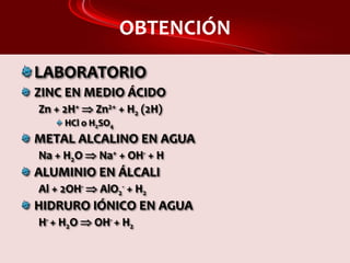 OBTENCIÓN
LABORATORIO
ZINC EN MEDIO ÁCIDO
Zn + 2H+  Zn2+ + H2 (2H)
HCl o H2SO4
METAL ALCALINO EN AGUA
Na + H2O  Na+ + OH- + H
ALUMINIO EN ÁLCALI
Al + 2OH-  AlO2
- + H2
HIDRURO IÓNICO EN AGUA
H- + H2O  OH- + H2
 