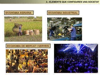 3.- ELEMENTS QUE CONFIGUREN UNA SOCIETAT
ECONOMIA AGRARIA ECONOMIA INDUSTRIAL
ECONOMIA DE MERCAT I SERVEIS
 