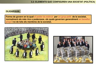 OLIGARQUIA
Forma de govern en la qual el poder és exèrcit per un grup petit de la societat,
normalment els més rics o poderosos. els quals governen generalment en benefici
propi i no de tots els membres de la societat.
3.2- ELEMENTS QUE CONFIGUREN UNA SOCIETAT (POLÍTICA)
 