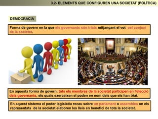 DEMOCRACIA
Forma de govern en la que els governants són triats mitjançant el vot pel conjunt
de la societat.
En aquesta forma de govern, tots els membres de la societat participen en l'elecció
dels governants, els quals exerceixen el poden en nom dels que els han triat.
En aquest sistema el poder legislatiu recau sobre un parlament o assemblea on els
representats de la societat elaboren les lleis en benefici de tota la societat.
3.2- ELEMENTS QUE CONFIGUREN UNA SOCIETAT (POLÍTICA)
 