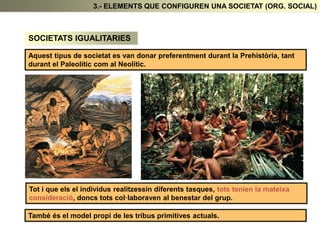 3.- ELEMENTS QUE CONFIGUREN UNA SOCIETAT (ORG. SOCIAL)
SOCIETATS IGUALITARIES
Aquest tipus de societat es van donar preferentment durant la Prehistòria, tant
durant el Paleolític com al Neolític.
Tot i que els el individus realitzessin diferents tasques, tots tenien la mateixa
consideració, doncs tots col·laboraven al benestar del grup.
També és el model propi de les tribus primitives actuals.
 