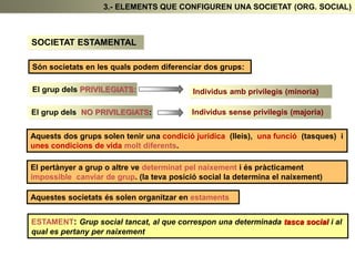 3.- ELEMENTS QUE CONFIGUREN UNA SOCIETAT (ORG. SOCIAL)
SOCIETAT ESTAMENTAL
Són societats en les quals podem diferenciar dos grups:
El grup dels PRIVILEGIATS: Individus amb privilegis (minoria)
El grup dels NO PRIVILEGIATS: Individus sense privilegis (majoria)
Aquests dos grups solen tenir una condició jurídica (lleis), una funció (tasques) i
unes condicions de vida molt diferents.
El pertànyer a grup o altre ve determinat pel naixement i és pràcticament
impossible canviar de grup. (la teva posició social la determina el naixement)
Aquestes societats és solen organitzar en estaments
ESTAMENT: Grup social tancat, al que correspon una determinada tasca social i al
qual es pertany per naixement
 