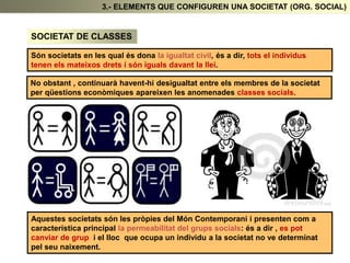 3.- ELEMENTS QUE CONFIGUREN UNA SOCIETAT (ORG. SOCIAL)
SOCIETAT DE CLASSES
Són societats en les qual és dona la igualtat civil, és a dir, tots el individus
tenen els mateixos drets i són iguals davant la llei.
No obstant , continuarà havent-hi desigualtat entre els membres de la societat
per qüestions econòmiques apareixen les anomenades classes socials.
Aquestes societats són les pròpies del Món Contemporani i presenten com a
característica principal la permeabilitat del grups socials: és a dir , es pot
canviar de grup i el lloc que ocupa un individu a la societat no ve determinat
pel seu naixement.
 