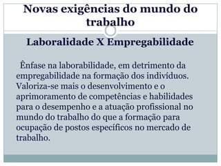 Novas exigências do mundo do
           trabalho
  Laboralidade X Empregabilidade

 Ênfase na laborabilidade, em detrimento da
empregabilidade na formação dos indivíduos.
Valoriza-se mais o desenvolvimento e o
aprimoramento de competências e habilidades
para o desempenho e a atuação profissional no
mundo do trabalho do que a formação para
ocupação de postos específicos no mercado de
trabalho.
 