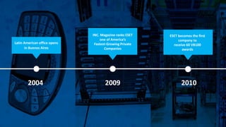 2004 2009 2010
Latin American office opens
in Buenos Aires
INC. Magazine ranks ESET
one of America’s
Fastest-Growing Private
Companies
ESET becomes the first
company to
receive 60 VB100
awards
 