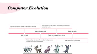 Computer Evolution
Human powered simple calculating device.
Manual
Calculating device with mechanical process
though still human powered
Mechanical
Mechanical calculating machine powered by
electric motors
Electro-Mechanical
Fully electronic computer
Electronic
 