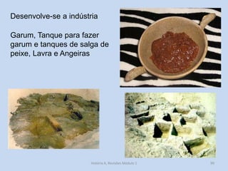 História A, Revisões Módulo 1 
99 
Desenvolve-se a indústria 
Garum, Tanque para fazer garum e tanques de salga de peixe, Lavra e Angeiras  