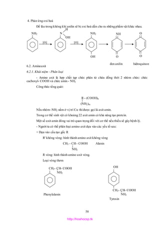 58
4. Phản ứng oxi hoá
Để lâu trong không khí anilin sẽ bị oxi hoá dần cho ra những phẩm vật khác nhau.
6.2. Aminoaxit
6.2.1. Khái niệm - Phân loại
- Amino axit là hợp chất tạp chức phân tử chứa đồng thời 2 nhóm chức: chức
cacboxyl- COOH và chức amin - NH2
Công thức tổng quát:
R - (COOH)n
(NH2)m
Nếu nhóm -NH2 nằm ở vị trí C thì được gọi là axit amin.
Trong cơ thể sinh vật có khoảng 22 axit amin có khả năng tạo protein.
Một số axit amin đóng vai trò quan trọng đối với cơ thể nếu thiếu sẽ gây bệnh lý.
- Người ta có thể phân loại amino axit dựa vào các yếu tố sau:
+ Dựa vào cấu tạo gốc R
R' không vòng: hình thành amino axit không vòng
CH3 - CH - COOH Alanin
NH2
R vòng: hình thành amino axit vòng.
Loại vòng thơm
Phenylalanin
NH2 NH2
[O] [O]
N
H
OH
OH
NH
O
O
O
đen anilin hidroquinon
Tyrosin
CH2- CH- COOH
NH2
OH
CH2- CH- COOH
NH2
http://hoahocsp.tk
 