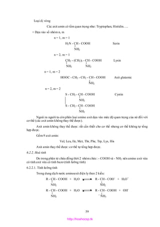 59
Loại dị vòng
Các axit amin có tầm quan trọng như: Tryptophan, Histidin…..
+ Dựa vào số nhóm n, m
n = 1, m = 1
H2N - CH - COOH Serin
NH2
n = 2, m = 1
CH2 - (CH2)3 - CH - COOH Lysin
NH2 NH2
n = 1, m = 2
HOOC - CH2 - CH2 - CH - COOH Axit glutamic
NH2
n = 2, m = 2
S - CH2 - CH - COOH Cystin
NH2
S - CH2 - CH - COOH
NH2
Ngoài ra người ta còn phân loại amino axit dựa vào mức độ quan trọng của nó đối với
cơ thể (các axit amin không thay thế được).
Axit amin không thay thế được: rất cần thiết cho cơ thể nhưng cơ thể không tự tổng
hợp được.
Gồm 9 axit amin:
Val, Leu, Ile, Met, Thr, Phe, Trp, Lys, His
Axit amin thay thế được: cơ thể tự tổng hợp được.
6.2.2. Hoá tính
Do trong phân tử chứa đồng thời 2 nhóm chức: - COOH và - NH2 nên amino axit vừa
có tính axit vừa có tính bazơ (tính lưỡng tính)
6.2.2.1. Tính lưỡng tính
Trong dung dịch nước aminoaxit điện ly theo 2 kiểu:
R - CH - COOH + H2O R - CH - COO-
+ H3O+
NH2 NH2
R - CH - COOH + H2O R - CH - COOH + OH-
NH2
+
NH3
http://hoahocsp.tk
 