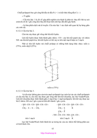 63
Chuỗi polipeptit bao giờ cũng bắt đầu từ đầu N ( + ) và kết thức bằng đầu C ( - )
** Ý nghĩa:
- Cấu trúc bậc 1 là yếu tố góp phần nghiên cứu bệnh lý phân tử: thay đổi thứ tự axit
amin dù chỉ là 1 gốc cũng làm thay đổi hoạt tính sinh học dẫn đến gây bệnh.
- Là bản phiên dịch mã di truyền. Cấu trúc bậc 1 xác định mối quan hệ họ hàng giữa
các sinh vật.
6.3.2.2. Cấu trúc bậc 2.
Cấu trúc này được giữ vững nhờ liên kết hydro.
Liên kết hydro được hình thành giữa nhóm - CO - của liên kết peptit này với nhóm
NH của liên kết peptit kia, liên kết hydro có thể xảy ra trên một mạch hoặc cả 2 mạch.
Nhờ có liên kết hydro mà chuỗi polipep có những hình dạng khác nhau: xoắn 
(75%), xoắn xếp  (25%).
xoắn  (75%)
6.3.2.3. Cấu trúc bậc 3.
Là cấu trúc không gian của toàn mạch polipeptit (sự cuộn lại của các chuỗi polipeptit
có cấu trúc bậc 2), cấu trúc này được giữ vững nhờ liên kết disunfua, lực hút VanderWaals.
Liên kết disunfua được hình thành giữa 2 mạch hay 1 mạch polipeptit, liên kết này được tạo
bởi 2 nhóm -SH của 2 gốc cysterin biến đổi thành 1 gốc cystin.
- NH - CH - CO - NH - CH - CO - - NH - CH - CO - NH - CH - CO -
CH2 - S - S - CH2 CH2 - S R
CH2 - S
- NH - CH - CO - NH - CH - CO -
trên 1 mạch trên 2 mạch R
Lực hút VanderWaals hình thành do sự tương tác của các nhóm thế không phân cực
có kích thước lớn.
C
O
H
N
C
O
H
N
C
O
H
N
C
O
H
N
http://hoahocsp.tk
 