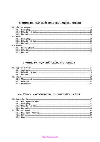 CHƯƠNG III. DẪN XUẤT HALOGEN - ANCOL - PHENOL
3.1. Dẫn xuất halogen.......................................................................................................................... 25
3.1.1. Danh pháp.......................................................................................................................... 25
3.1.1. Điều chế - Lý tính.............................................................................................................. 25
3.1.3. Hoá tính ............................................................................................................................. 26
3.2. Ancol.............................................................................................................................................. 27
3.2.1. Danh pháp.......................................................................................................................... 28
3.2.2. Điều chế - Lý tính.............................................................................................................. 28
3.2.3. Hoá tính.............................................................................................................................. 29
3..3. Phenol........................................................................................................................................... 31
3.3.1. Cấu tạo phenol................................................................................................................... 32
3.3.2. Điều chế.............................................................................................................................. 32
3.3.3. Hóa tính.............................................................................................................................. 32
CHƯƠNG IV. HỢP CHẤT CACBONYL - GLUXIT
4.1. Hợp chất cacbonyl........................................................................................................................ 34
4.1.1 Danh pháp........................................................................................................................... 34
4.1.2. Điều chế - Lý tính.............................................................................................................. 34
4.1.3. Hoá tính.............................................................................................................................. 35
4.2. Gluxit............................................................................................................................................. 38
4.2.1. Monosaccarit ..................................................................................................................... 38
4.2.2. Disaccarit ........................................................................................................................... 43
4.2.3. Polisaccarit......................................................................................................................... 44
CHƯƠNG V. AXIT CACBOXYLIC - DẪN XUẤT CỦA AXIT
5.1. Axit cacboxylic.............................................................................................................................. 47
5.1.1. Khái niệm- Phân loại ....................................................................................................... 47
5.1.2. Danh pháp.......................................................................................................................... 47
5.1.3. Điều chế - Lý tính.............................................................................................................. 47
5.1.4. Hóa tính.............................................................................................................................. 48
5.2. Dẫn xuất của axit ......................................................................................................................... 49
5.2.1. Khái niệm– Phân loại....................................................................................................... 50
5.2.2. Este ..................................................................................................................................... 50
5.2.3. Lipit .................................................................................................................................... 50
http://hoahocsp.tk
 