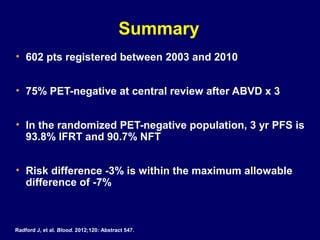 Summary
• 602 pts registered between 2003 and 2010
• 75% PET-negative at central review after ABVD x 3
• In the randomized PET-negative population, 3 yr PFS is
93.8% IFRT and 90.7% NFT
• Risk difference -3% is within the maximum allowable
difference of -7%
Radford J, et al. Blood. 2012;120: Abstract 547.
 