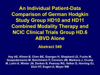 An Individual Patient-Data
Comparison of German Hodgkin
Study Group HD10 and HD11
Combined Modality Therapy and
NCIC Clinical Trials Group HD.6
ABVD Alone
Abstract 549
Hay AE, Klimm B, Chen BE, Goergen H, Shepherd LE, Fuchs M,
Gospodarowicz M, Borchmann P, Connors JM, Markova J, Crump
M, Lohri A, Winter JN, Dorken B, Pearcey RG, Volker D, Horning SJ,
Eich HT, Engert A, Meyer RM
 