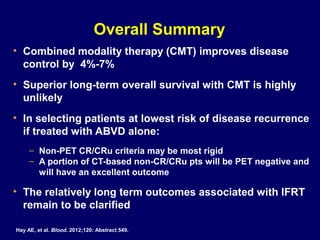 Overall Summary
• Combined modality therapy (CMT) improves disease
control by 4%-7%
• Superior long-term overall survival with CMT is highly
unlikely
• In selecting patients at lowest risk of disease recurrence
if treated with ABVD alone:
– Non-PET CR/CRu criteria may be most rigid
– A portion of CT-based non-CR/CRu pts will be PET negative and
will have an excellent outcome
• The relatively long term outcomes associated with IFRT
remain to be clarified
Hay AE, et al. Blood. 2012;120: Abstract 549.
 
