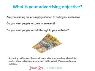 What is your advertising objective?
According to Citigroup, Facebook owns what's approaching about 20%
market share in terms of web activity in the world. It's an unbelievable
number.
•Are you starting out or simply just need to build your audience?
•Do you want people to come to an event?
•Do you want people to click through to your website?
 