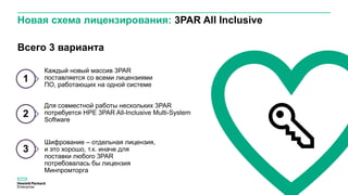 Новая схема лицензирования: 3PAR All Inclusive
Каждый новый массив 3PAR
поставляется со всеми лицензиями
ПО, работающих на одной системе
Для совместной работы нескольких 3PAR
потребуется HPE 3PAR All-Inclusive Multi-System
Software
1
3
Всего 3 варианта
2
Шифрование – отдельная лицензия,
и это хорошо, т.к. иначе для
поставки любого 3PAR
потребовалась бы лицензия
Минпромторга
 