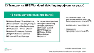 #3 Технология HPE Workload Matching (профили нагрузки)
• профили настроек для
различных классов задач на
базе многолетнего опыта HPE;
• внедрение лучших практик;
• повышение
производительности до 9%1
 General Power Efficient Compute
 General Peak Frequency Compute
 Virtualization – Max Performance
 Virtualization – Power Efficient
 General Throughput Compute
 High Performance Compute
 Extreme Efficient Compute
 Transactional Database
 Graphic Processing
 Web/E-commerce
 Decision Support
 I/O Throughput
 Mission Critical
 Low Latency
 Custom
15 преднастроенных профилей
1. HPE Internal testing from Performance Engineering Benchmarking team, April 2017.
Performance and Tuning Guide: ссылка
 