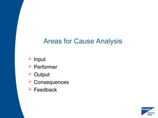 Areas for Cause Analysis
 Input
 Performer
 Output
 Consequences
 Feedback
 