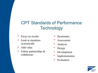 CPT Standards of Performance
Technology
 Focus on results
 Look at situations
systemically
 Add value
 Utilize partnerships &
collaborate
 Systematic:
 Assessment
 Analysis
 Design
 Development
 Implementation
 Evaluation
 