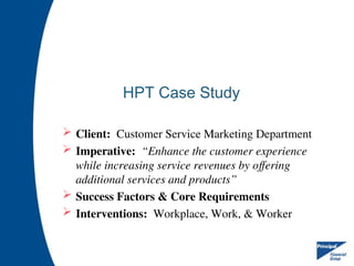 HPT Case Study
 Client: Customer Service Marketing Department
 Imperative: “Enhance the customer experience
while increasing service revenues by offering
additional services and products”
 Success Factors & Core Requirements
 Interventions: Workplace, Work, & Worker
 