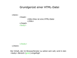 Grundgerüst einer HTML-Datei

 <html>
           <head>
                  <title>Dies ist eine HTML-Datei
                  </title>
           </head>
           <body>




           </body>
 </html>

Der Inhalt, der im Browserfenster zu sehen sein soll, wird in den
<body>-Bereich (grün) eingefügt!
 